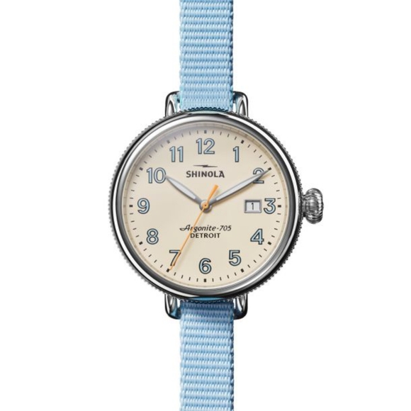 🌼 NWT Shinola Birdy blue, white + orange reversible nylon strap watch - Picture 4 of 11